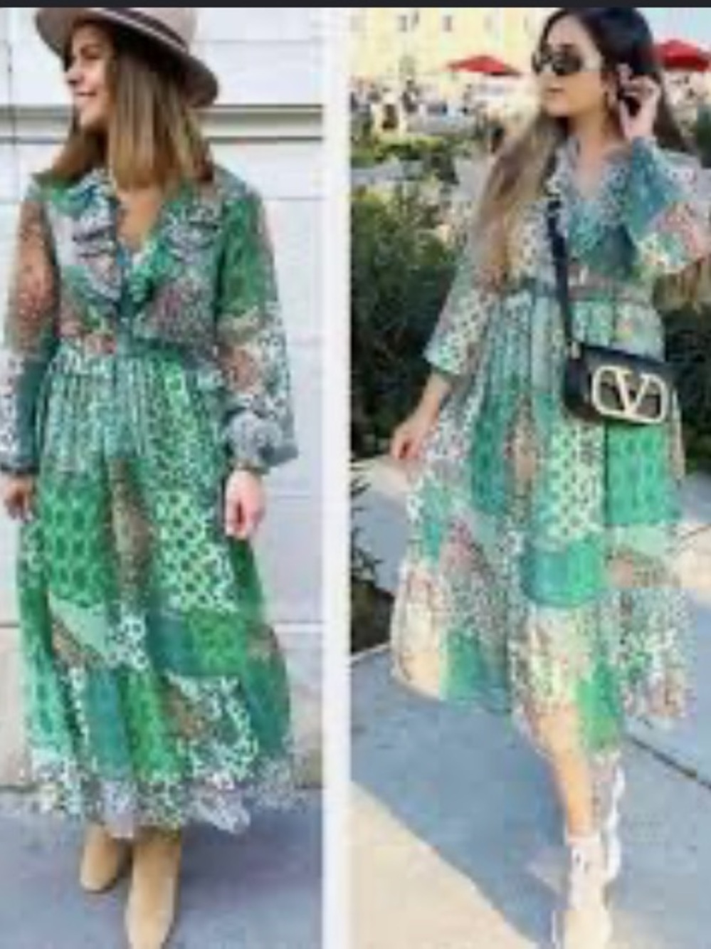 Zara Dress Womens M Green Patchwork Chiffon Midi Ruffle V Neck Tiered Boho Lined